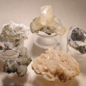 Lot of 5: 1. Pyrite-coated calcite; 2. Calcite; 3. Dolomite; 4. Apophyllite; 5. Andalucite
